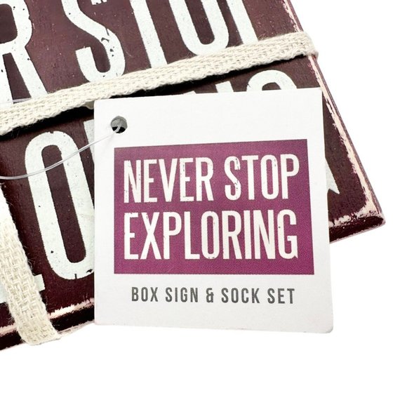 Primitives by Kathy 'Never Stop Exploring' Box Sign & Orange Socks Set NWT - Picture 3 of 10